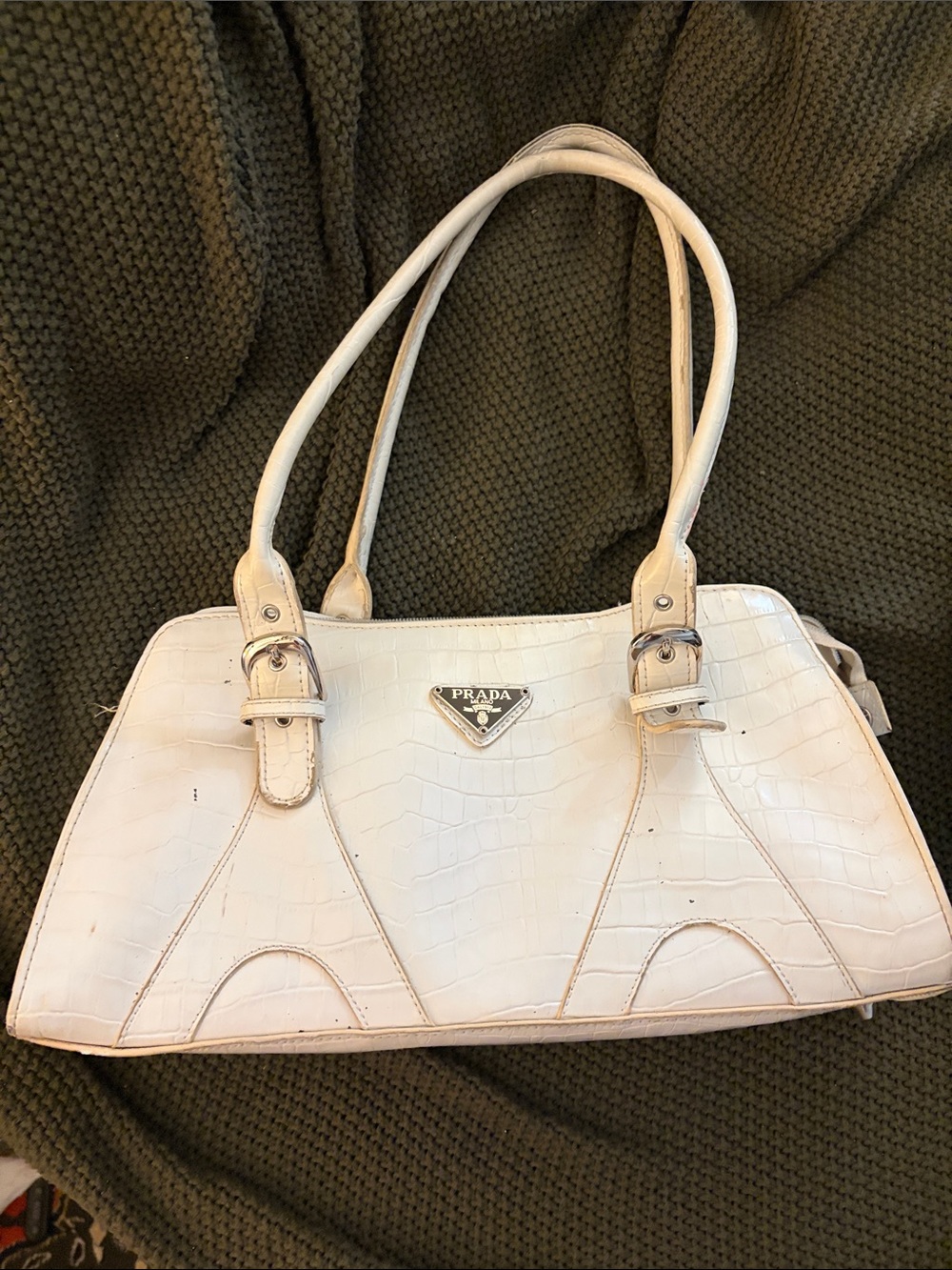 White Croc-Embossed Shoulder Bag with Double Straps